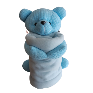 URSO PELÚCIA AZUL COM MANTA